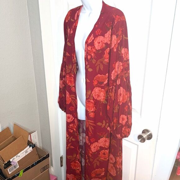 Joyfolie Brenna Dark Red Floral Maxi Longline Cardigan Balloon Sleeves Duster M - Picture 4 of 11